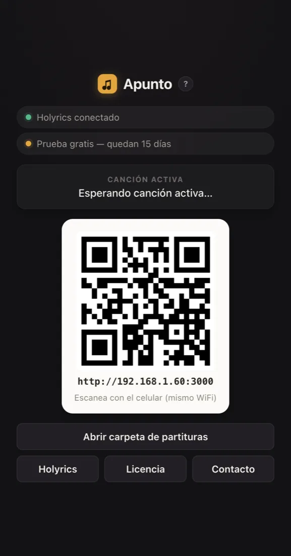 Panel de Apunto en espera, sin canción activa