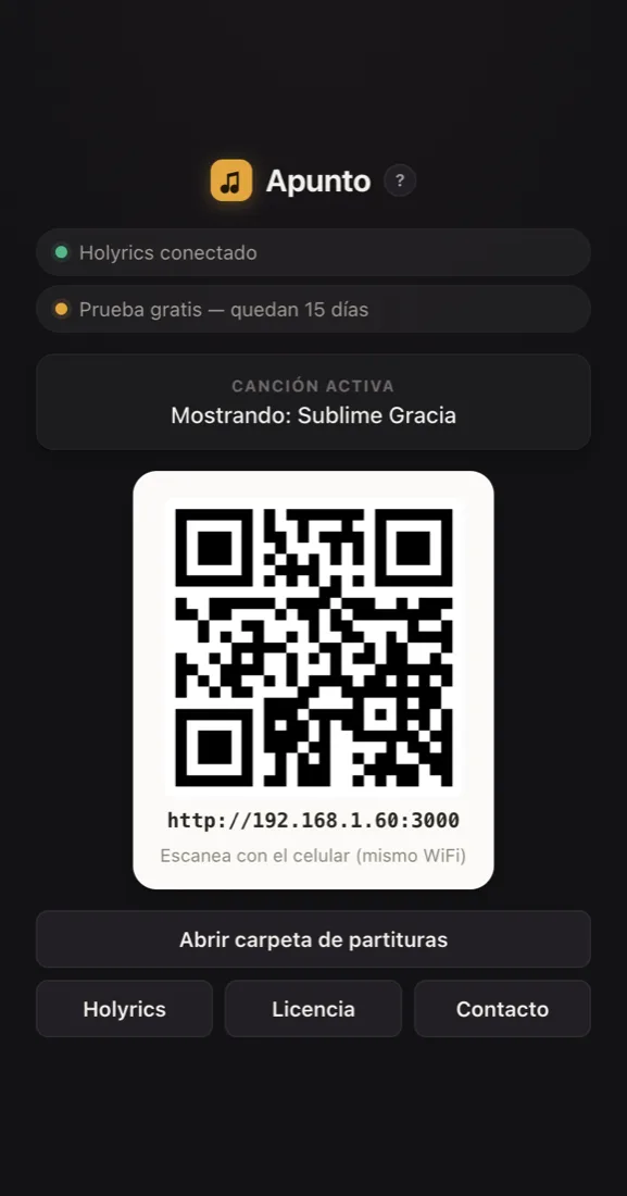 Panel de Apunto mostrando una canción sincronizada con Holyrics y el código QR para los músicos